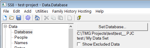 screenshot of Data.Database section showing current TMG project path