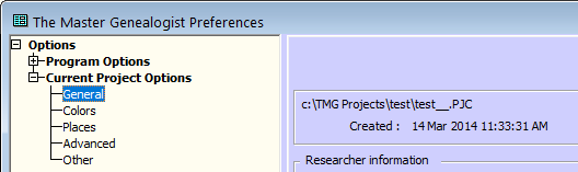 screenshot of Preferences window showing current TMG project path